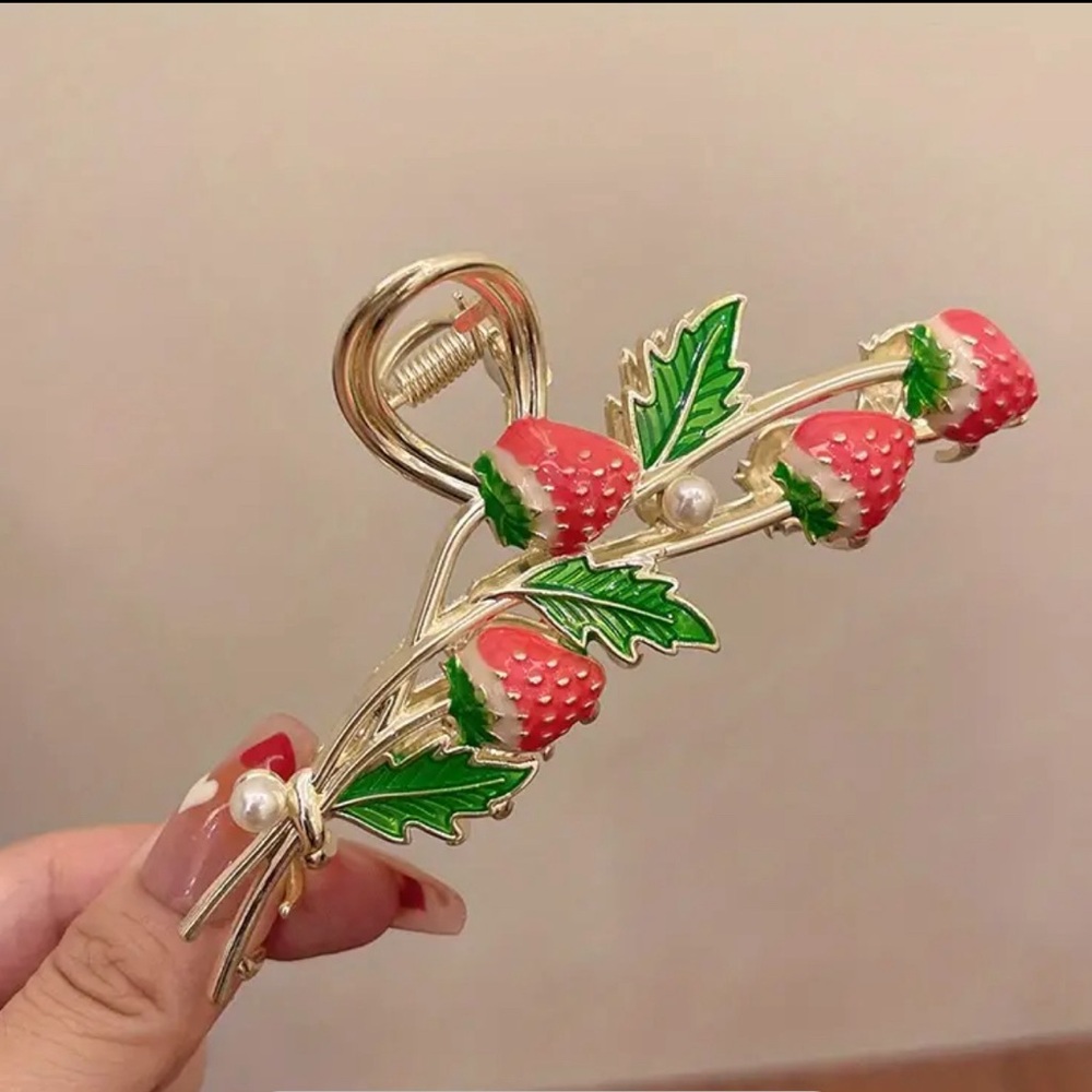 Strawberry Hair Clip Red Enameled Pearls Clip Gold Tone Metal